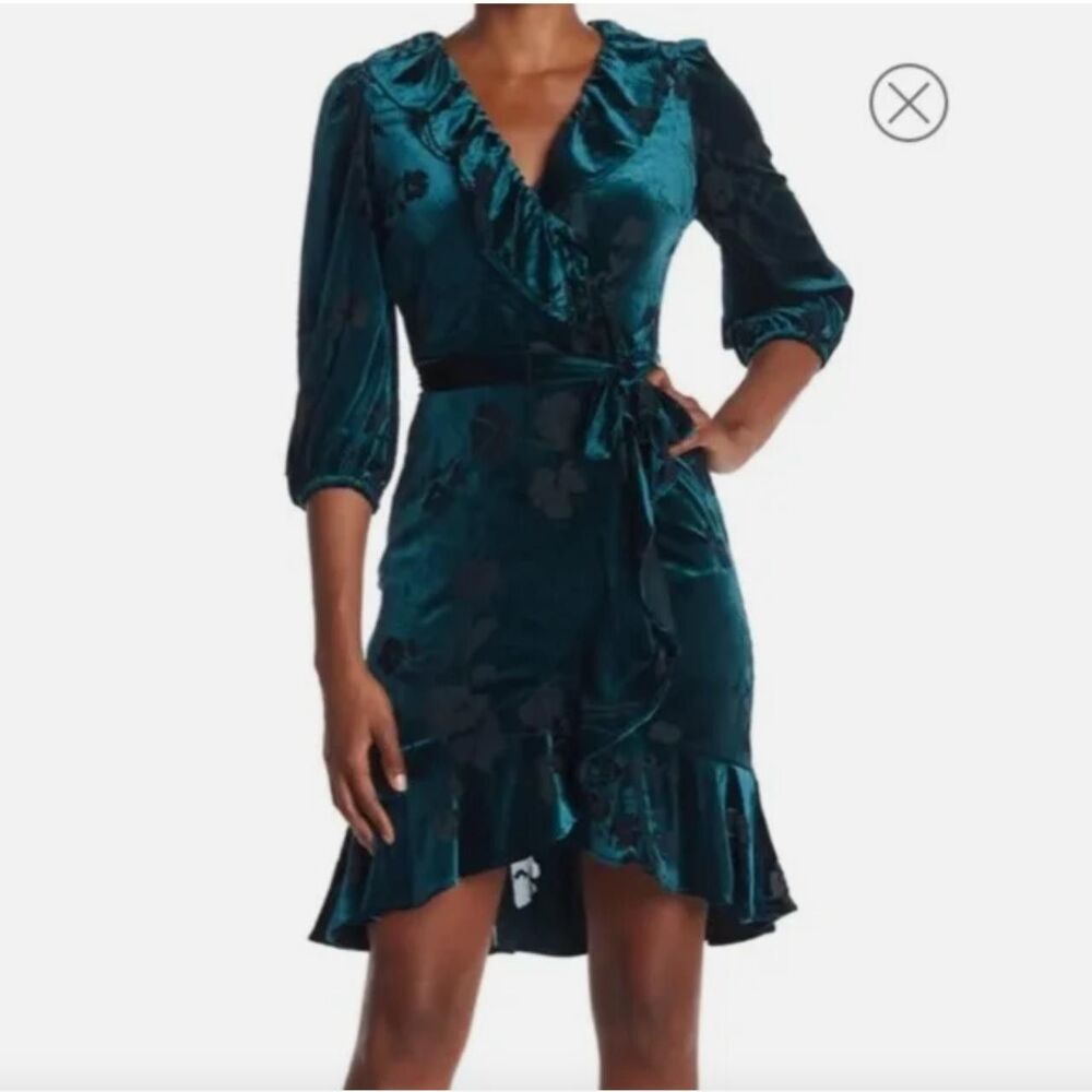 Calvin Klein Wrap Dress 14 Green Floral Burnout Velvet Holiday Cocktail Ruffles